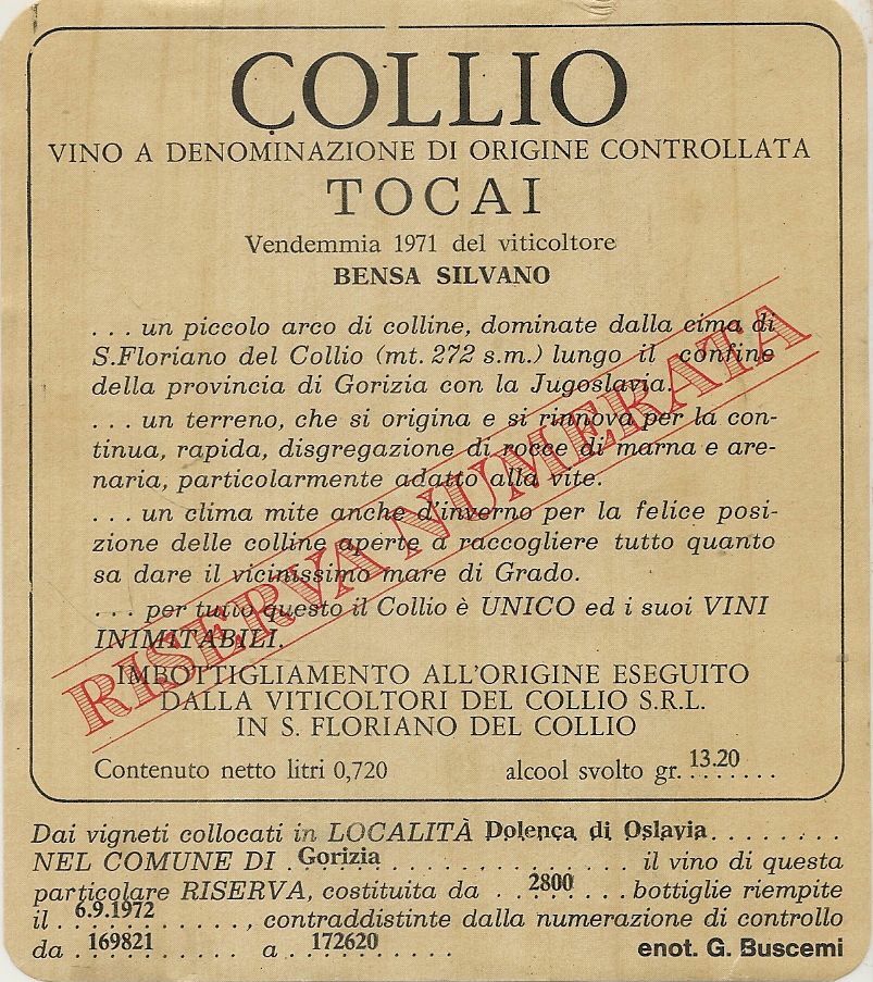TOCAI COLLIO 1971 - BENSA SILVANO - ETICHETTA VINO