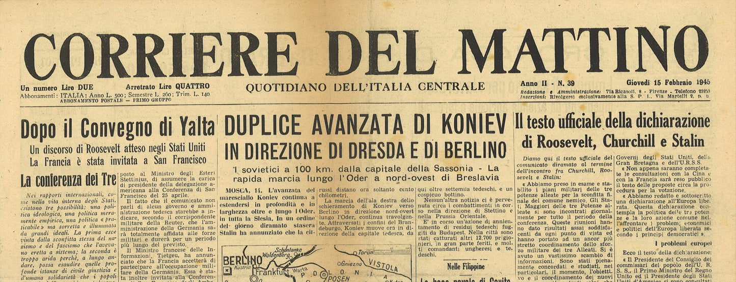 CORRIERE DEL MATTINO 15 FEBBRAIO 1945 - AVANZATA KONIEV- TESTO YALTA