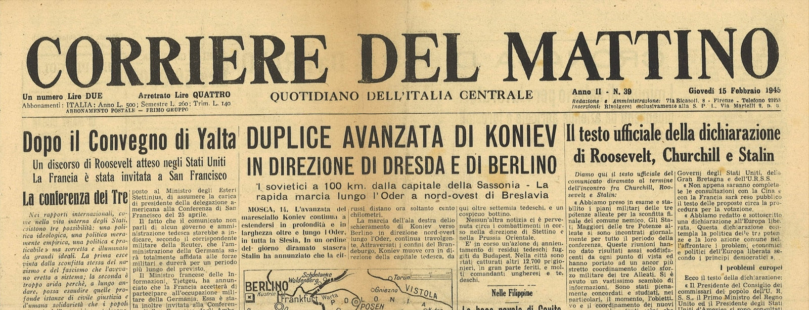 CORRIERE DEL MATTINO 15 FEBBRAIO 1945 - AVANZATA KONIEV- TESTO YALTA