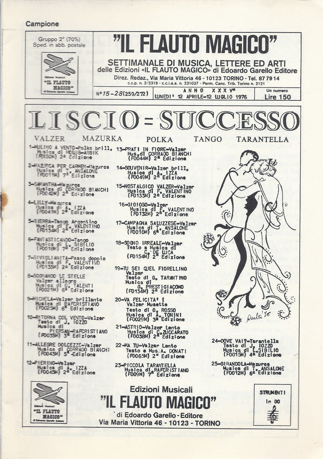 IL FLAUTO MAGICO n° 15-28 luglio 1976 - 25 BRANI # SPARTITO - Strumenti in DO