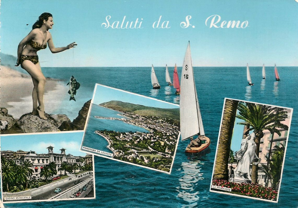 SALUTI DA S. REMO - TRE IMMAGINI - ACQUARELLATA -V1959