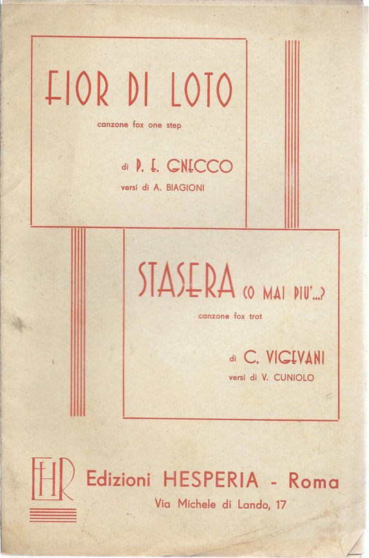 FIOR DI LOTO  Biagioni-Gnecco - STASERA (O MAI PIU') Cuniolo-Vigevani # SPARTITO