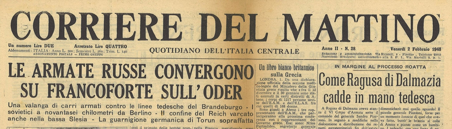 IL CORRIERE DEL MATTINO 2 FEBBRAIO 1945 -RESA RAGUSA DALMAZIA - FRONTE ODER