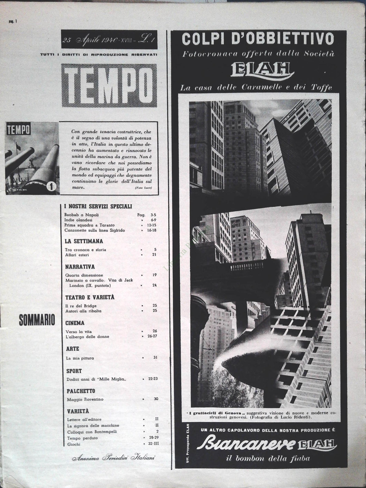 TEMPO N. 48 - 25 APRILE 1940 - PRIMA SQUADRA A TARANTO - INDIE OLANDESI