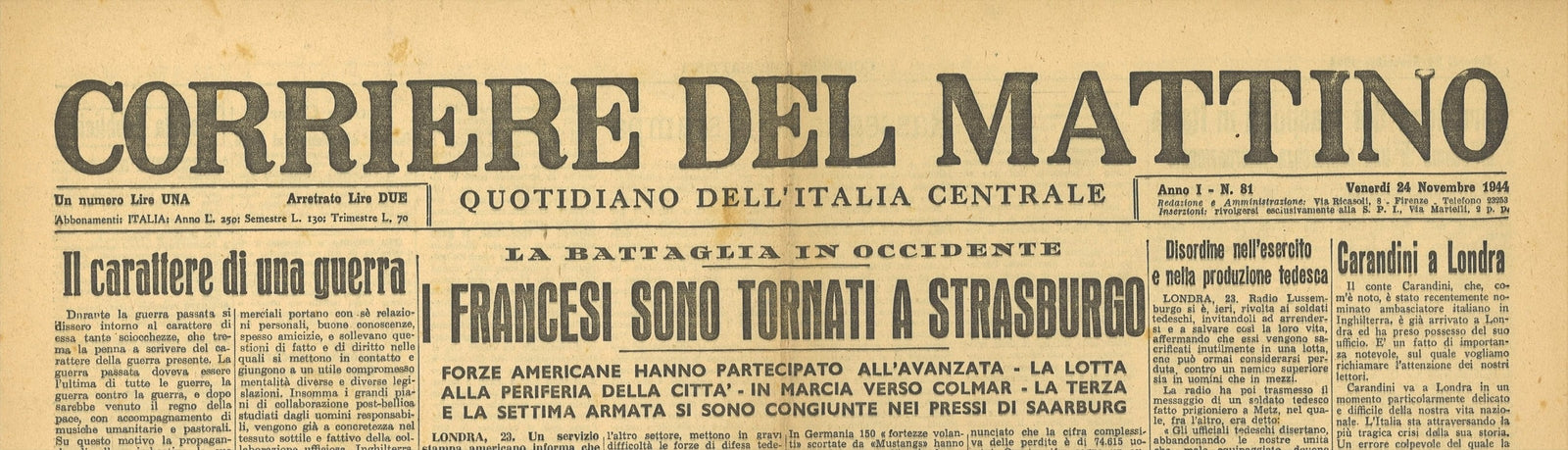 CORRIERE DEL MATTINO 24 NOVEMBRE 1944-FRANCESI A STRASBURGO-RAVENNA COBATTIMENTI