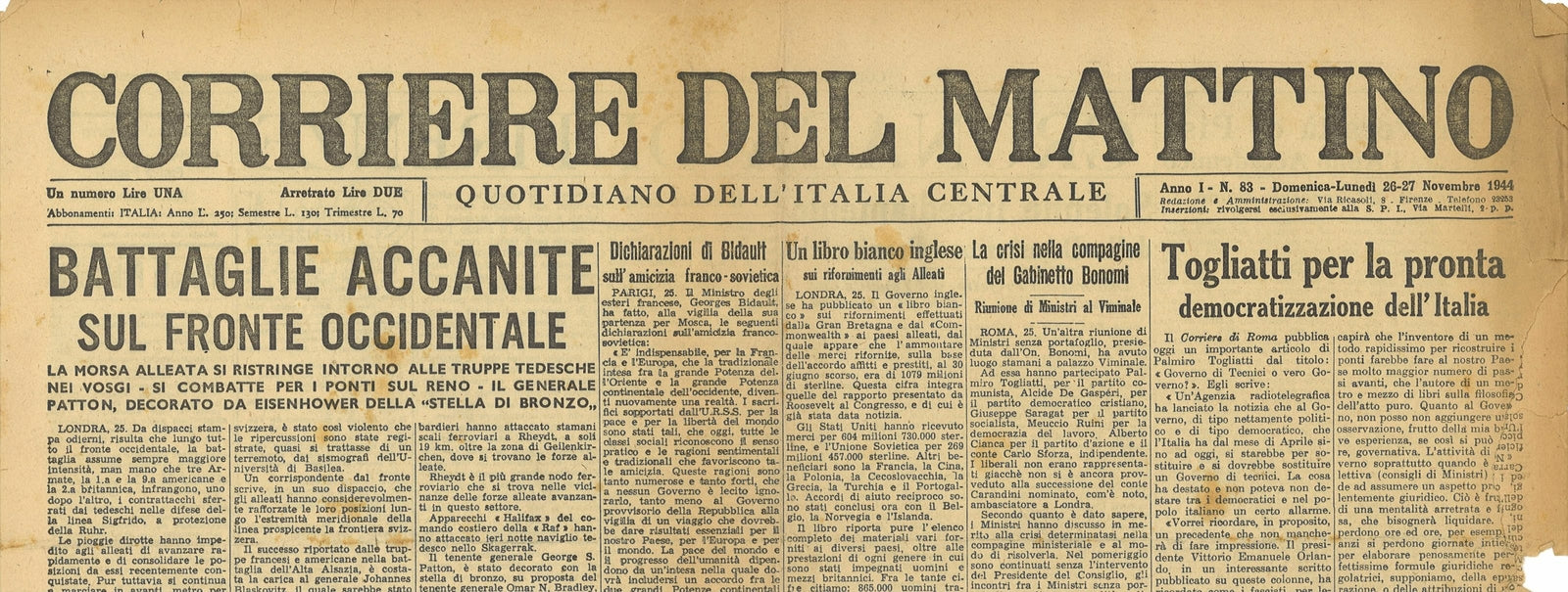 CORRIERE DEL MATTINO 26-27 NOVEMBRE 1944 - VOSGI - FAENZA - COLONIA
