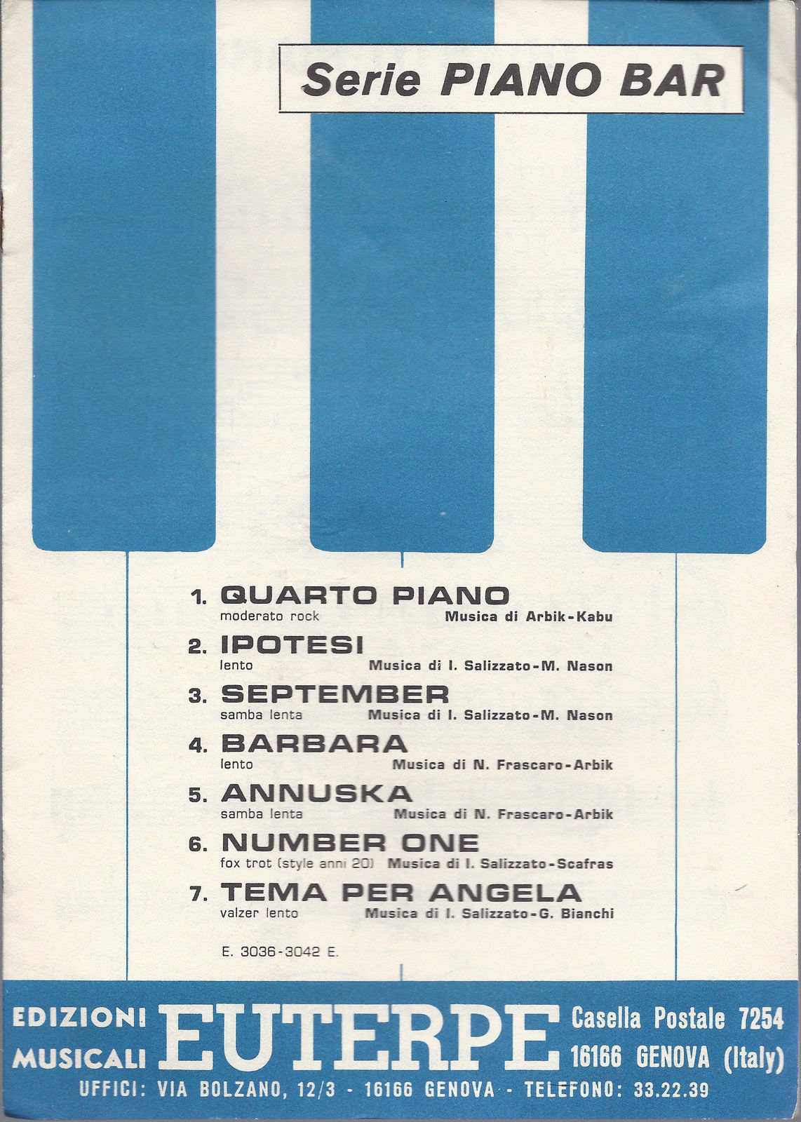 QUARTO PIANO ed altri 6 brani # SPARTITO - Ediz. Euterpe - Serie PIANO BAR