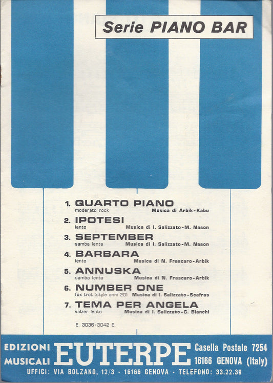 QUARTO PIANO ed altri 6 brani # SPARTITO - Ediz. Euterpe - Serie PIANO BAR