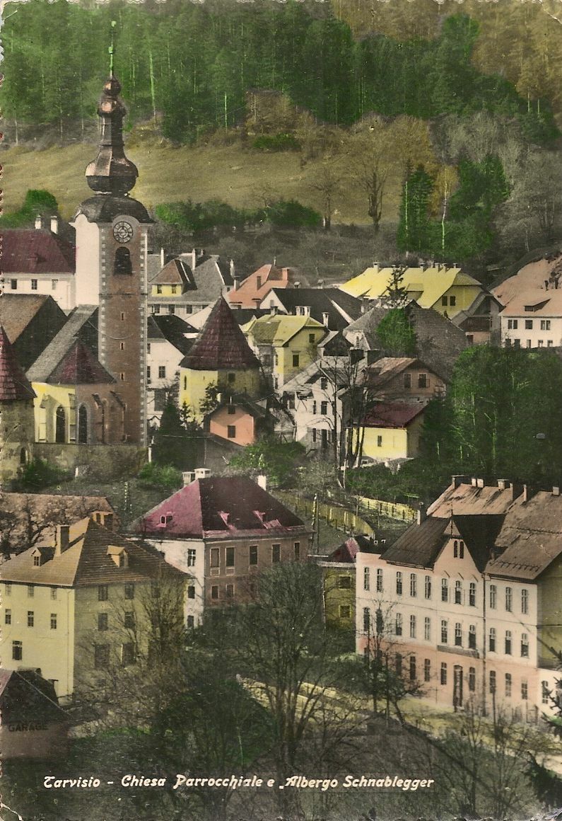 TARVISIO - CHIESA PARROCCHIALE E ALBERGO SCHNABLEGGER - ACQUARELLATA - V 1957