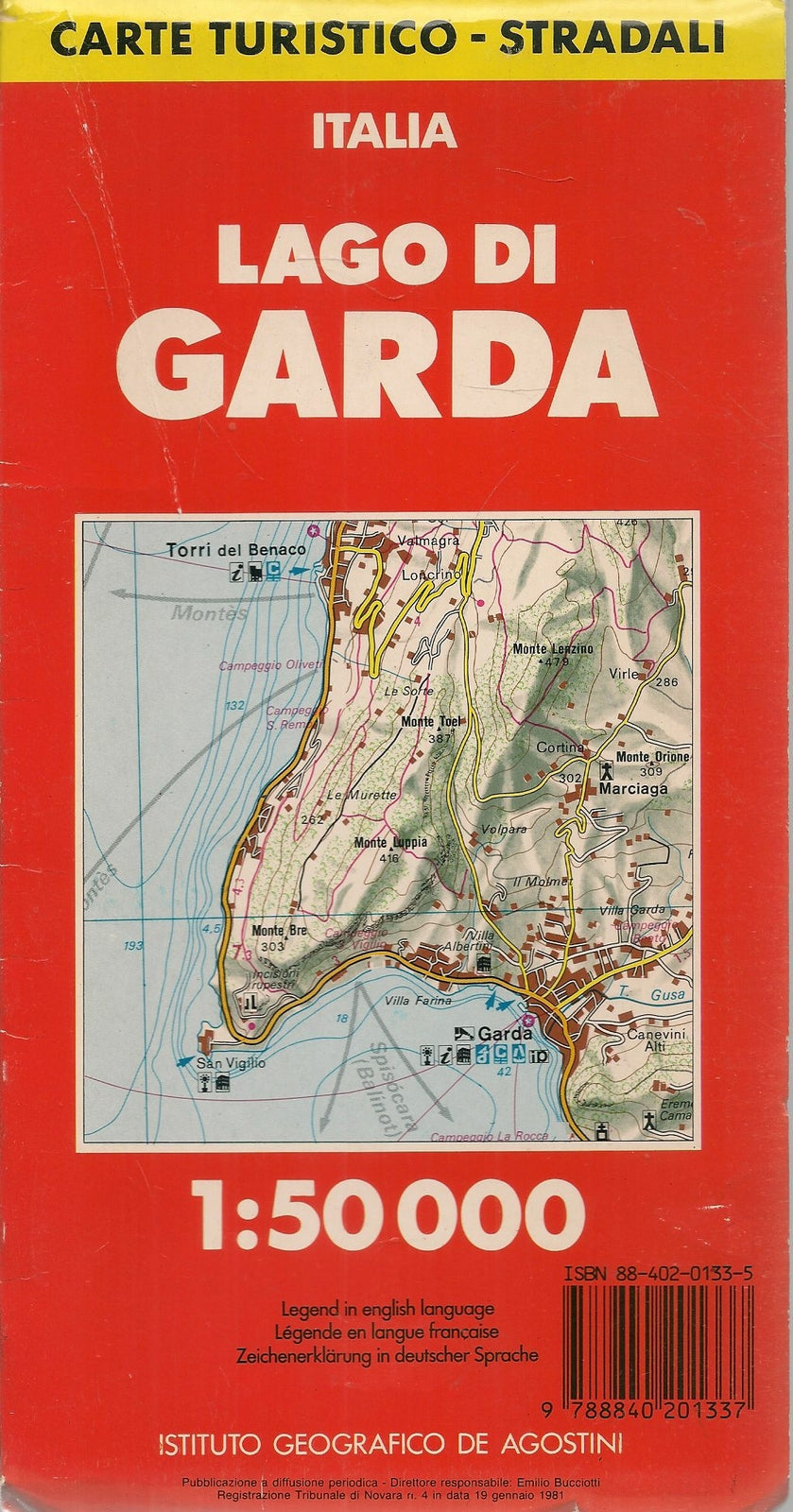 LAGO DI GARDA 1-50000 - CARTE TURUSTICO STRADALI - DE AGOSTINI 1988