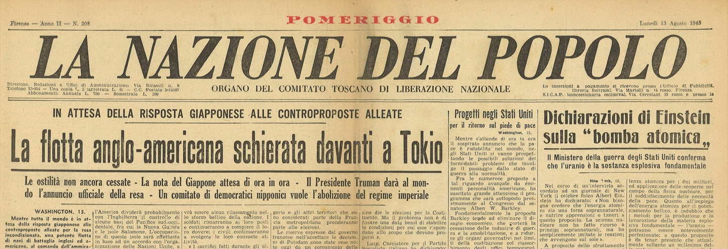 LA NAZIONE DEL POPOLO 13 AGOSTO 1945-RESA GIAPPONE -EINSTEIN-DIRITTO VOTO DONNE