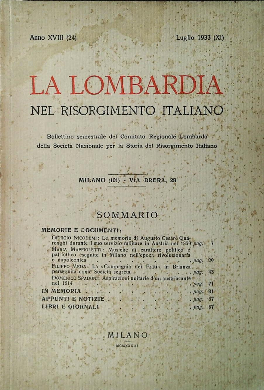 LA LOMBARDIA NEL RISORGIMENTO ITALIANO - LUGLIO 1933