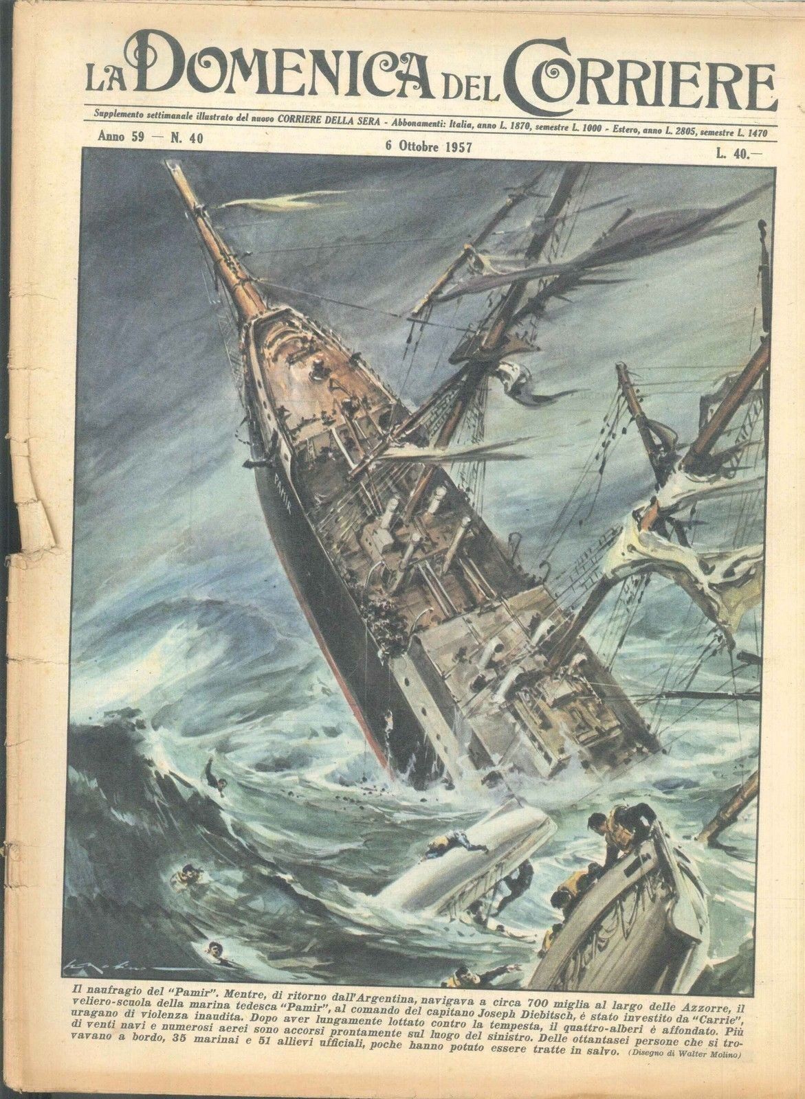 DOMENICA DEL CORRIERE N 40 - 6 OTTOBRE 1957 - ILL. WALTER MOLINO