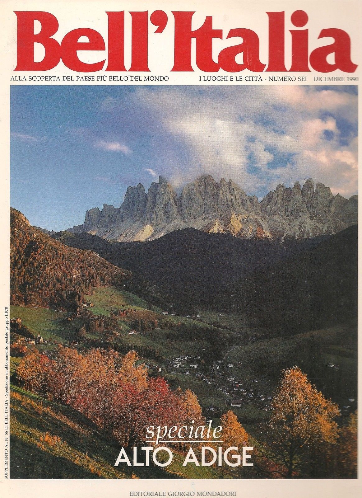 BELL'ITALIA  N 6 - DICEMBRE 1990 - SPECIALE ALTO ADIGE