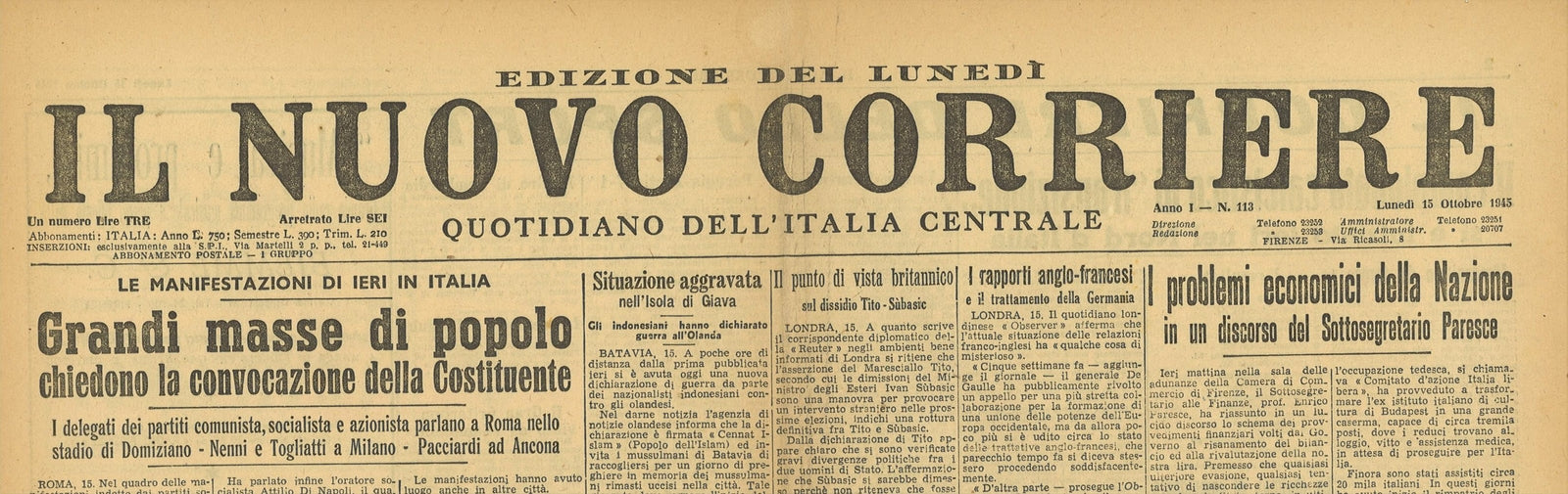 IL NUOVO CORRIERE 15 OTTOBRE 1945 - MANIFESTAZIONI PER COSTITUENTE