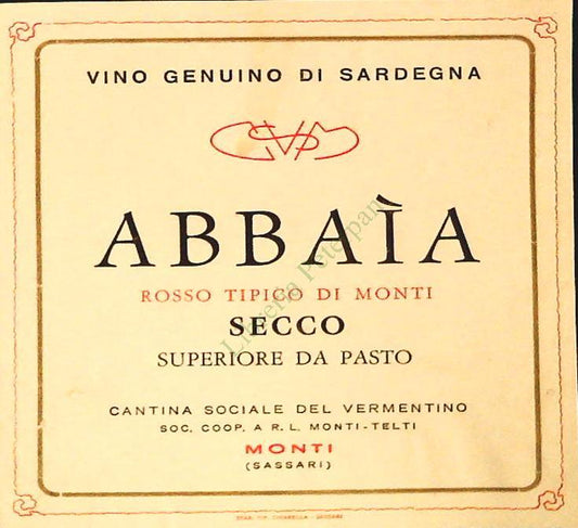 ABBAIA - ROSSO TIPICO DI MONTI - ANT. SOCIALE DEL VERMENTINO - ETICHETTA VINO