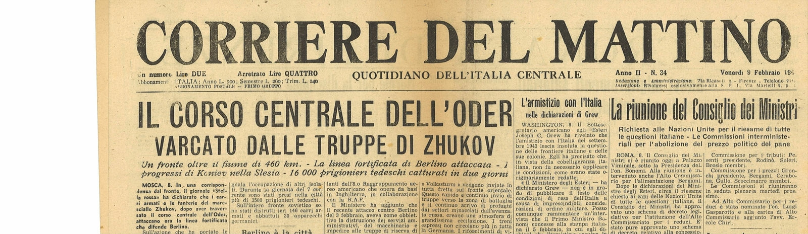 CORRIERE DEL MATTINO 9 FEBBRAIO 1945-ZHUKOV OLTRE L'ODER-GUERRA IDICE E SERCHIO