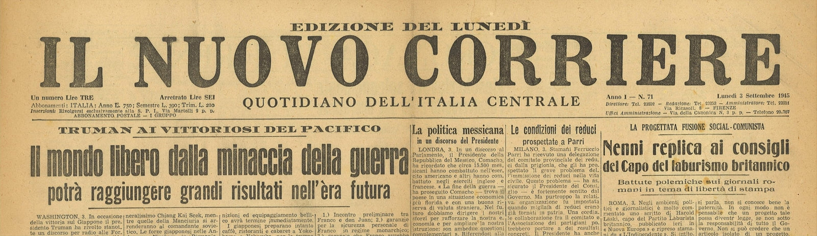 CORRIERE DEL MATTINO 3 SETTEMBRE 1945 - TRUMAN - NENNI