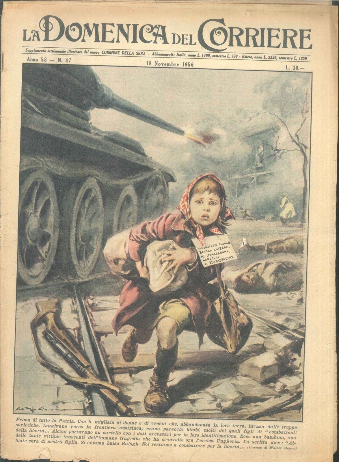 DOMENICA DEL CORRIERE N. 47 - 18 NOVEMBRE 1956 - ILL. WALTER MOLINO