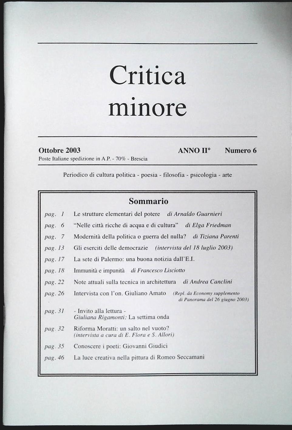CRITICA MINORE - OTTOBRE 2003