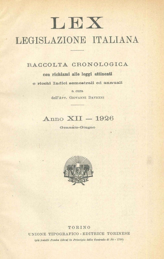 LEX - LEGISLAZIONE ITALIANA - 1926 GENNAIO-GIUGNO