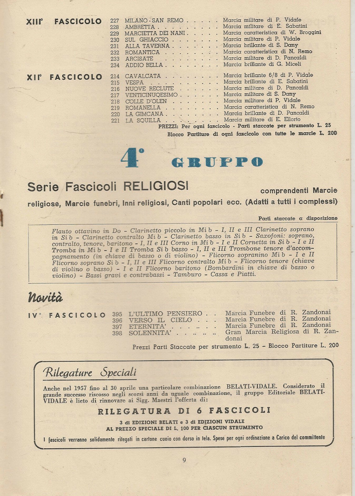 LISTINO - CATALOGO SPARTITI VIDALE 1957 - REPARTO BANDA