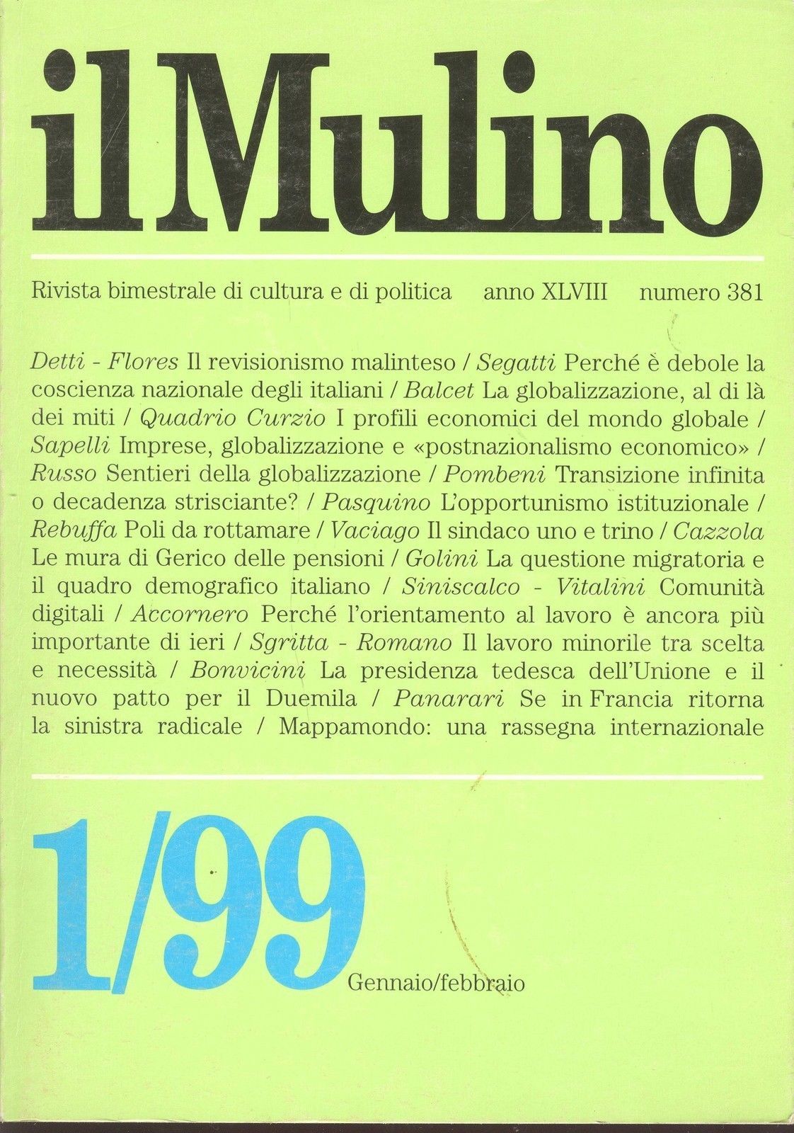 IL MULINO N° 381 - RIVISTA - 1//99 GENNAIO/FEBBRAIO 1999