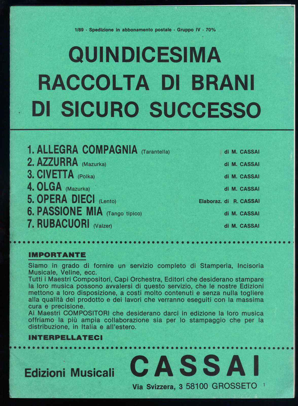 QUINDICESIMA RACCOLTA CASSAI - 7 BRANI # SPARTITO