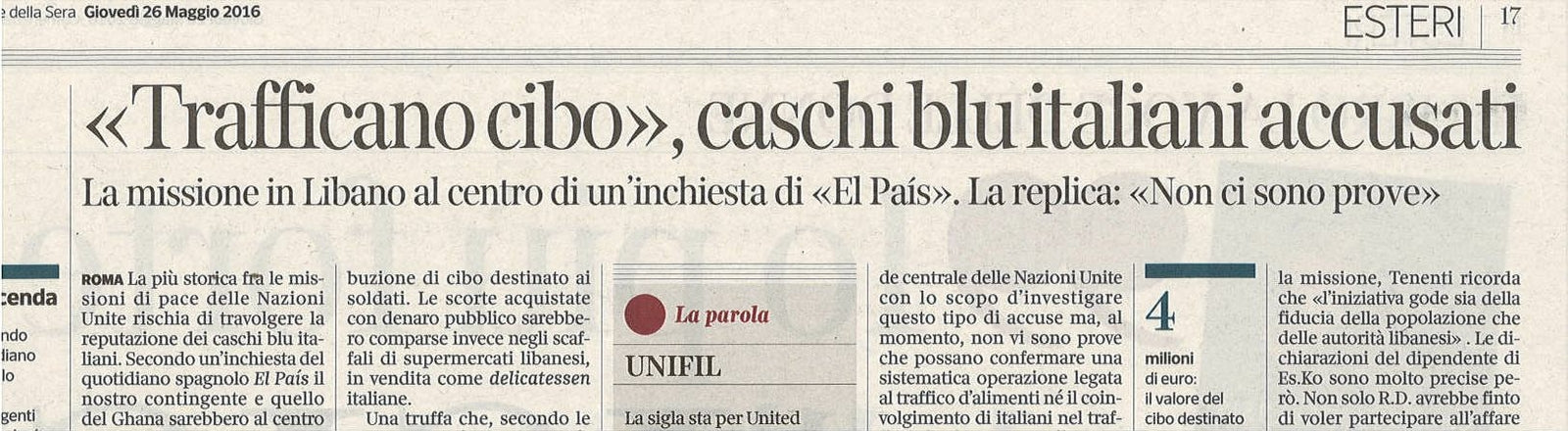 TRAFFICANO CIBO. CASCHI BLU ITALIANI ACCUSATI - CLIPPING-RITAGLIO DI GIORNALE