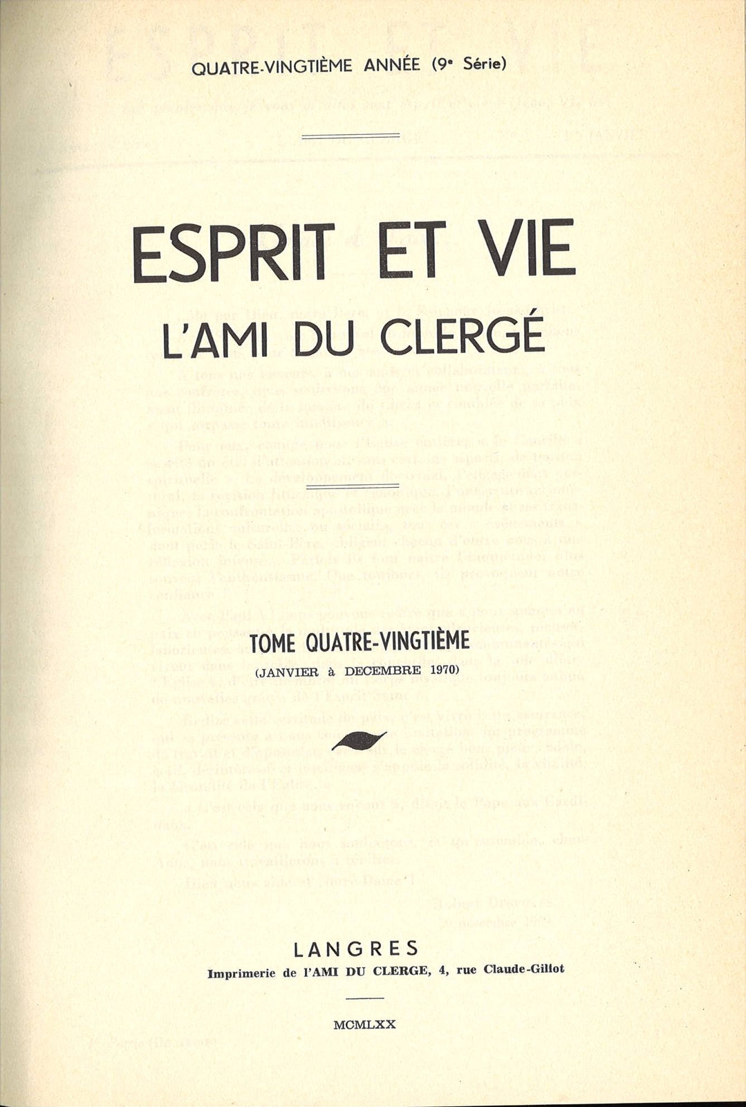 ESPRIT ET VIE  L'AMI DU CLERGE' - ANNATA 1970 FRENCH TEXT