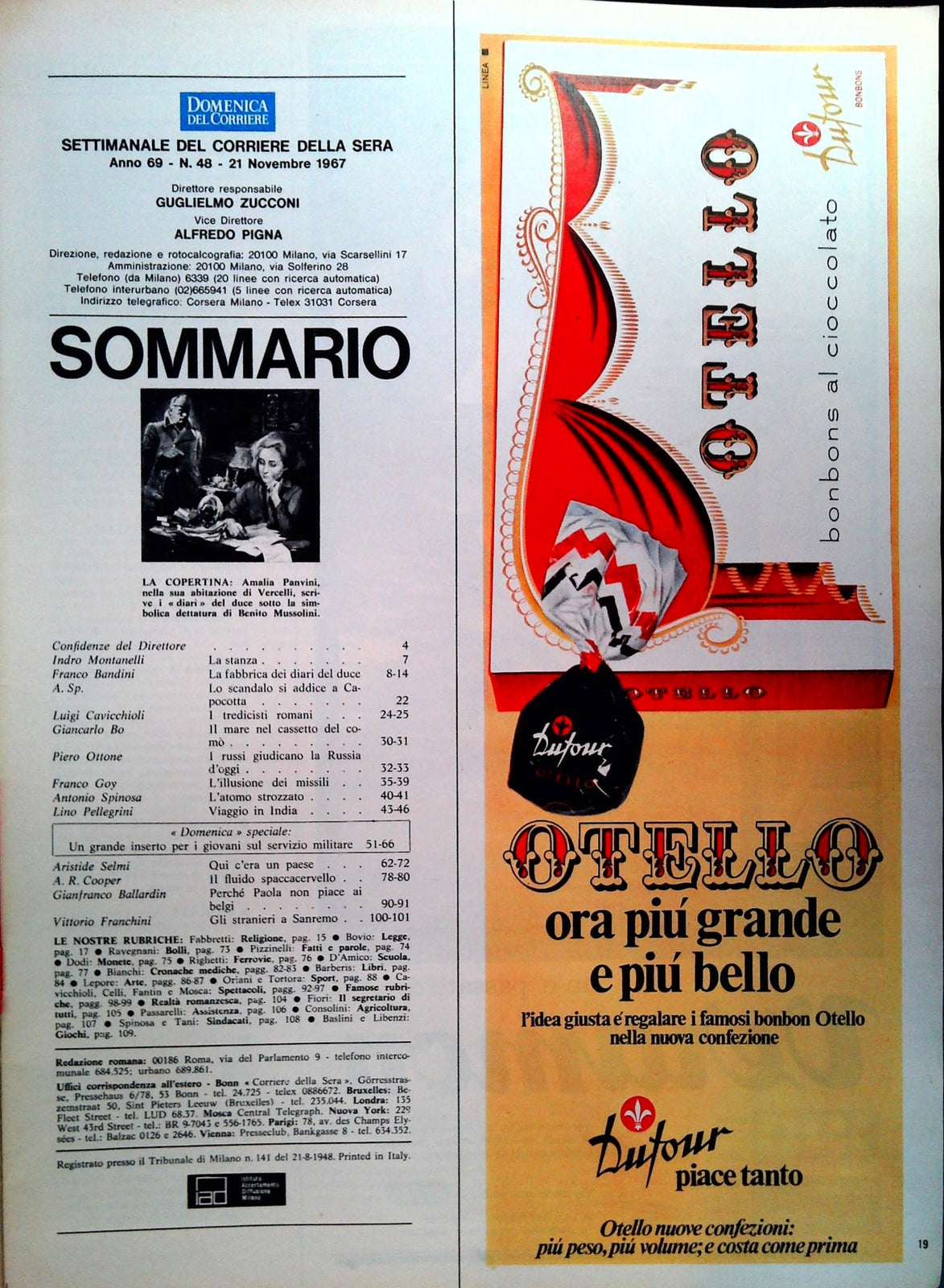 DOMENICA DEL CORRIERE 21 NOVEMBRE 1967 - I FALSI DIARI DEL DUCE