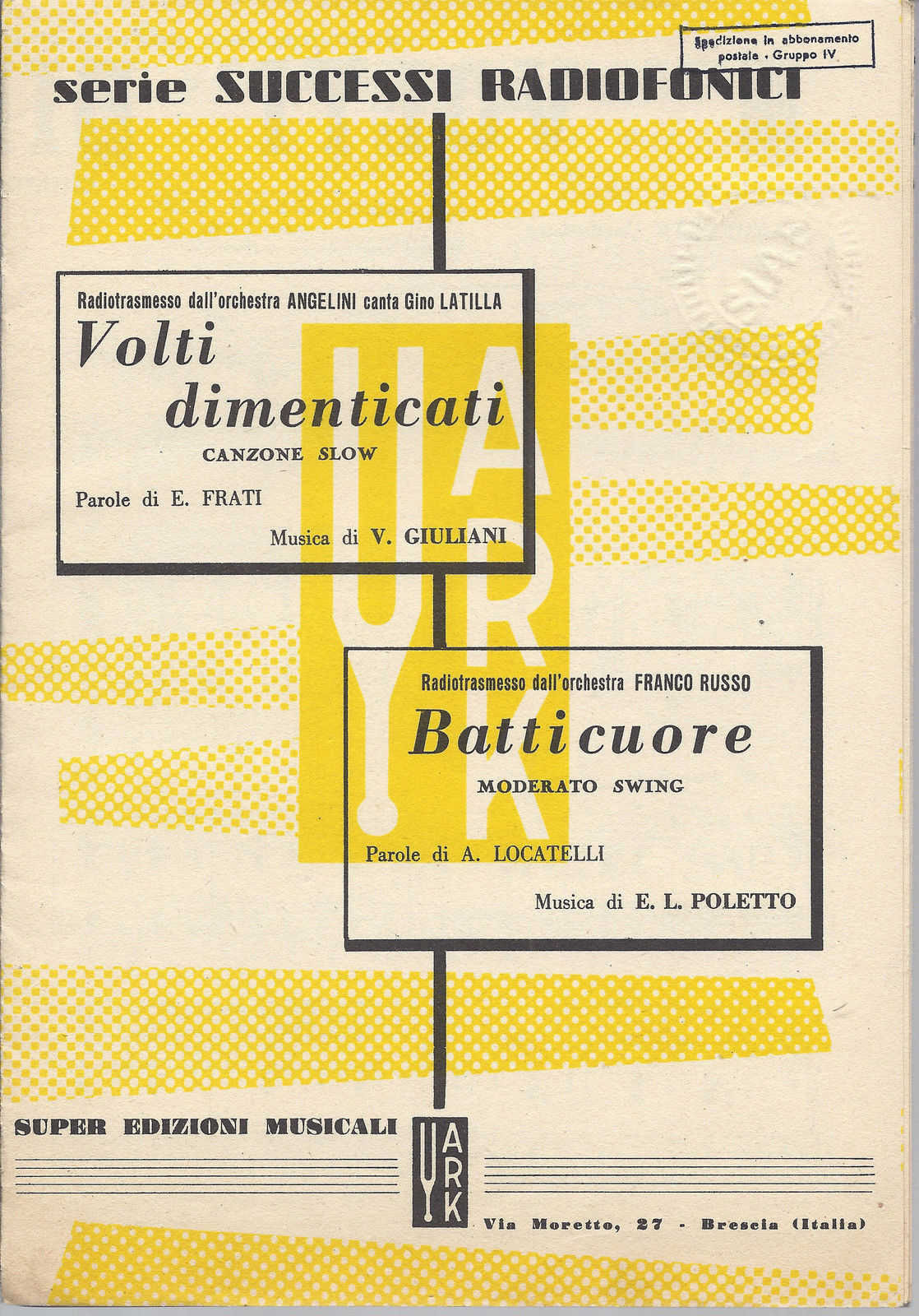 VOLTI DIMENTICATI (Frati - Giuliani) - BATTICUORE (Locatelli - Poletto) SPARTITO