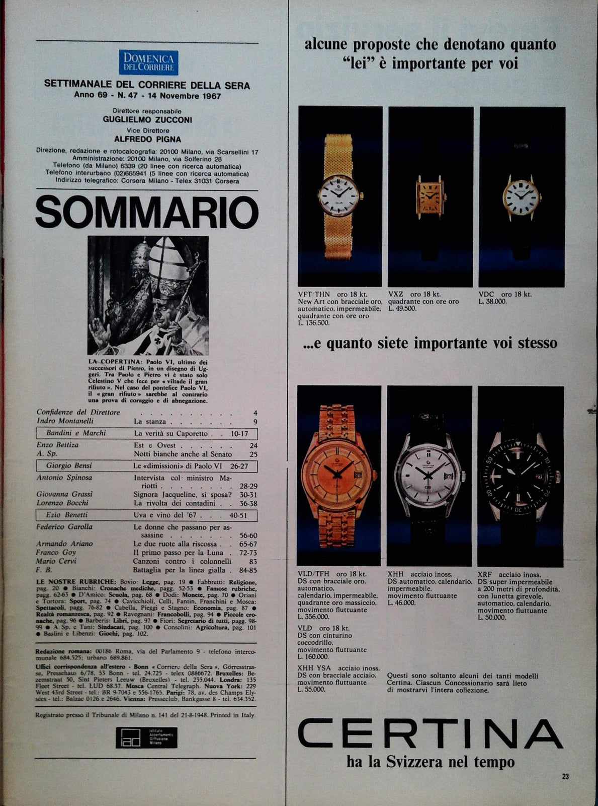 DOMENICADEL CORRIERE 14 NOVEMBRE 1967 - PAOLO VI - VERITA' SU CAPORETTO