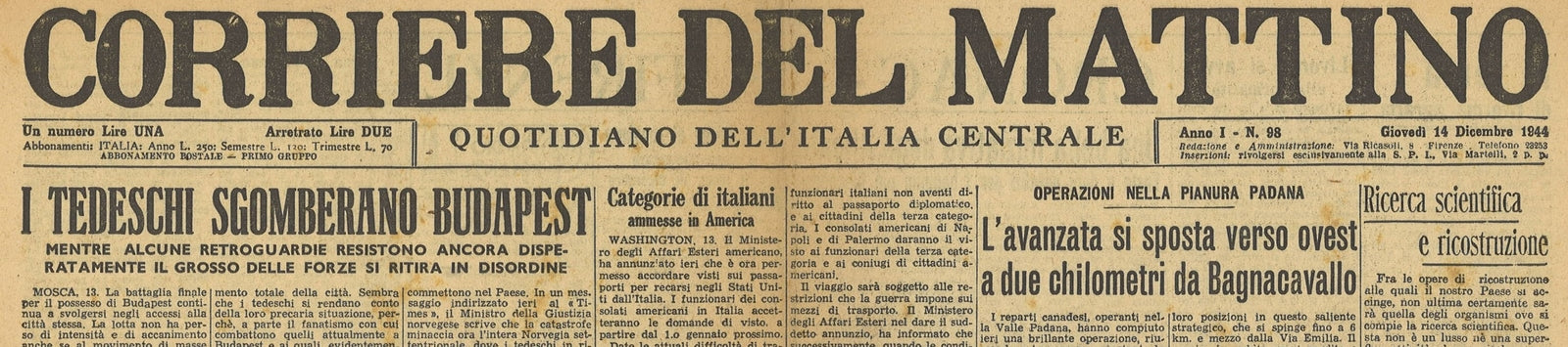 CORRIERE DEL MATTINO 14 DICEMBRE 1944 - BUDAPEST - BAGANACAVALLO - GRECIA