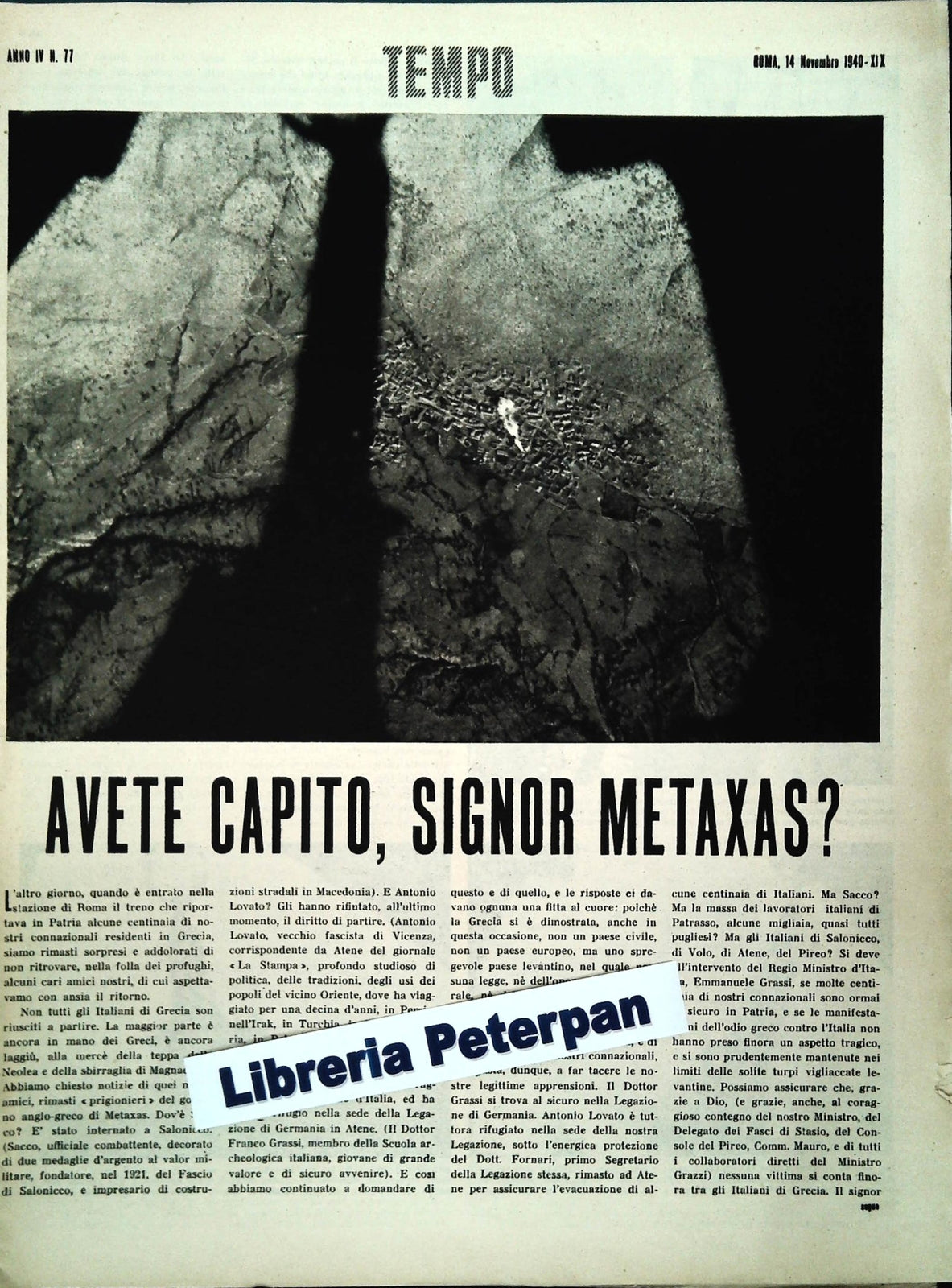 AVETE CAPITO SIG. METAXAS? . TEMPO NOVEMBRE 1941 - CLIPPING-RITAGLIO DI GIORNALE