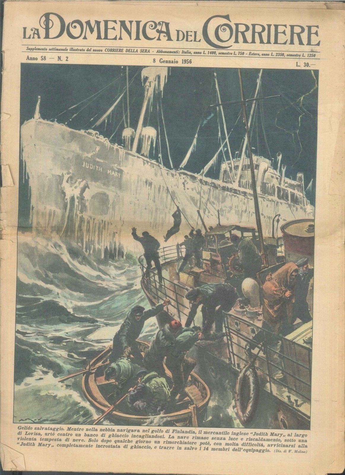 DOMENICA DEL CORRIERE N 2 - 8 GENNAIO 1956 - ILL. WALTER MOLINO