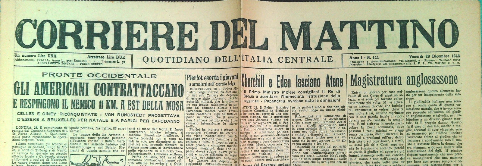 CORRIERE DEL MATTINO 29 DICEMBRE 1944-CONTRATTACCO MOSA - -BUDAPEST IN FIAMME