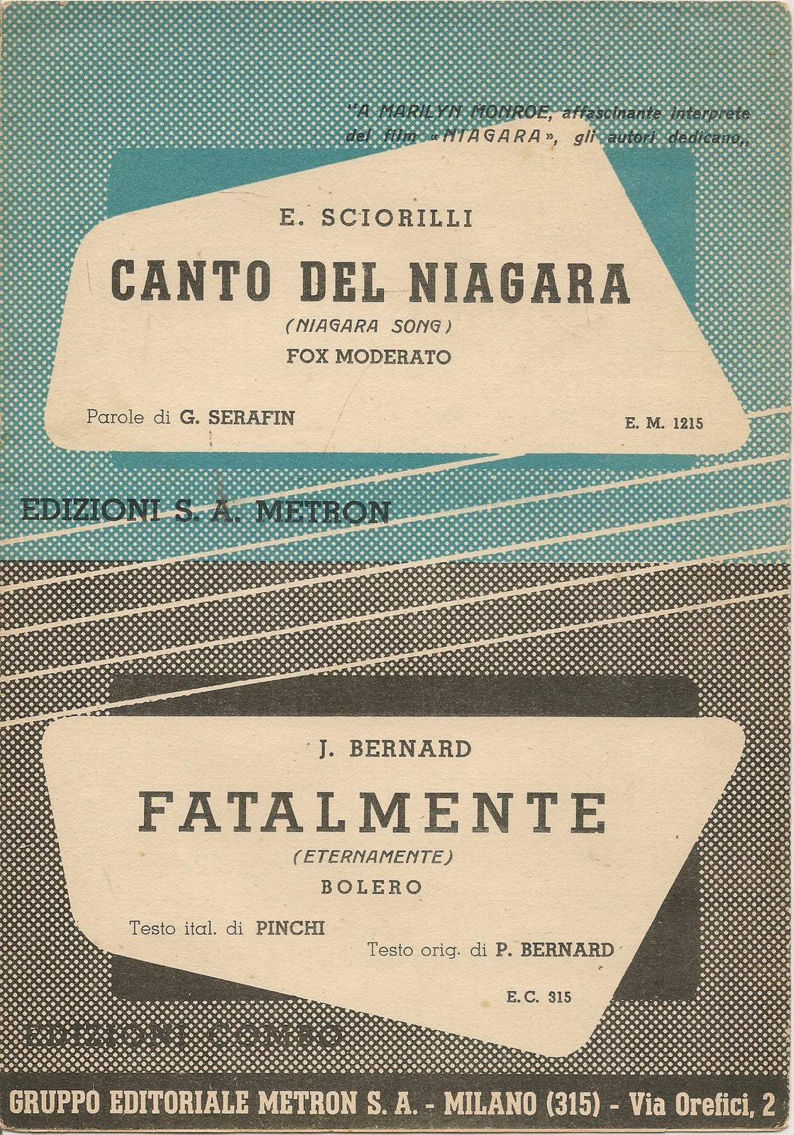 CANTO DEL NIAGARA - FATALMENTE - SPARTITO -SHEET MUSIC