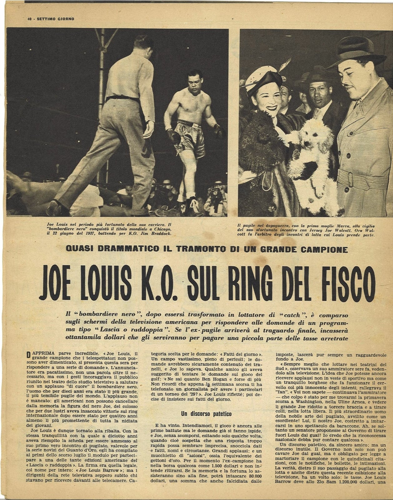 JOE LOUIS K.O. SUL RING DEL FISCO - CLIPPING-RITAGLIO DI GIORNALE