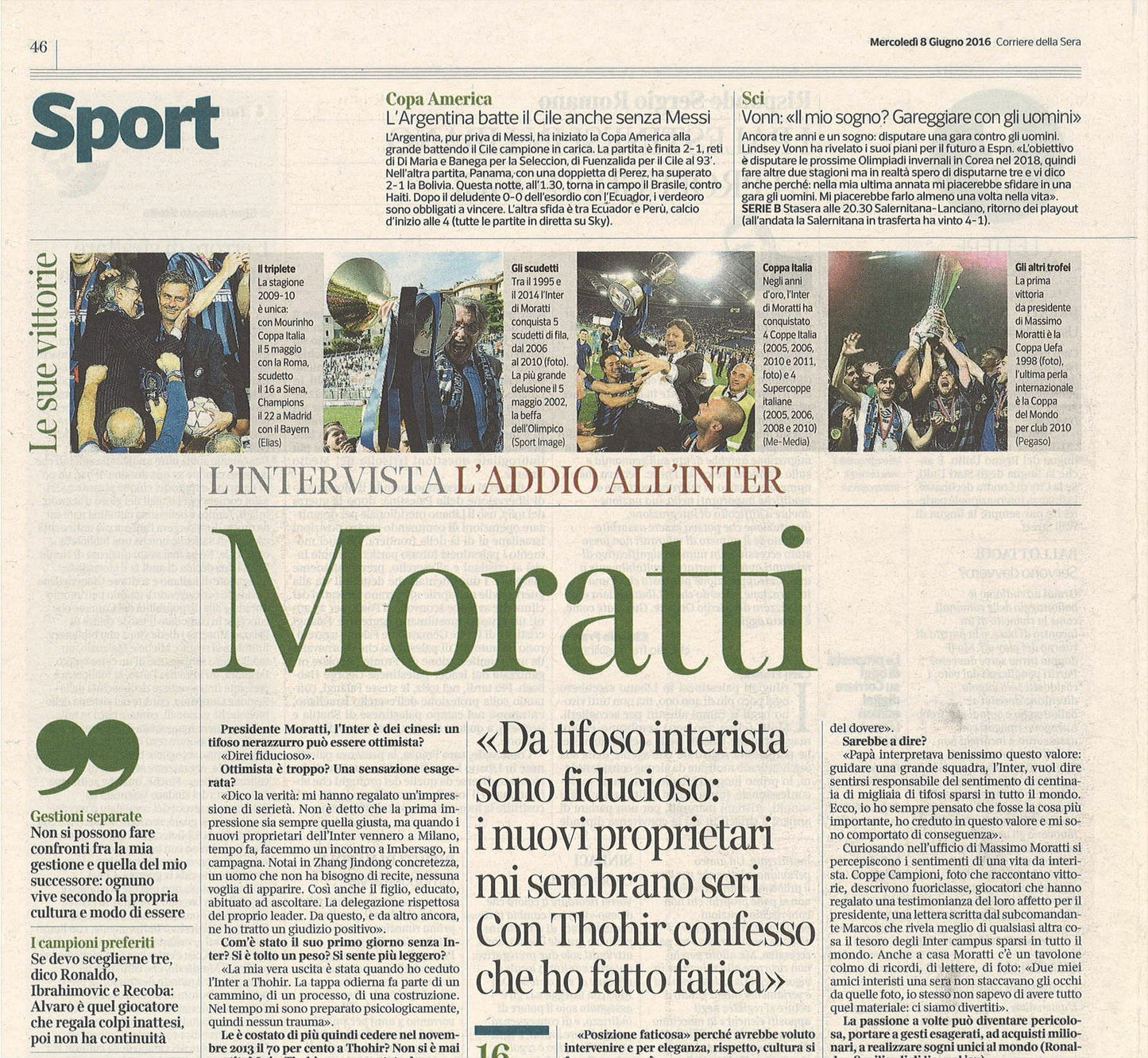 L'INTERVISTA MORATTI ADDIO ALL'INTER - CLIPPING-RITAGLIO DI GIORNALE