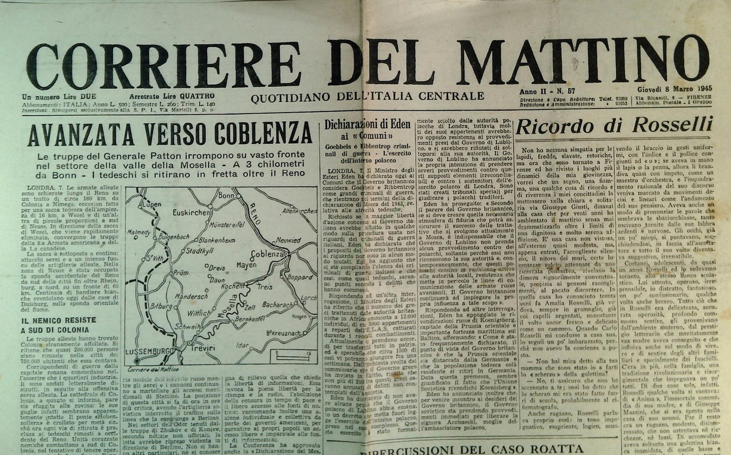 CORRIERE DEL MATTINO 8 MARZO 1945 - COBLENZA - CASO ROATTA - APPENNINO MODENESE