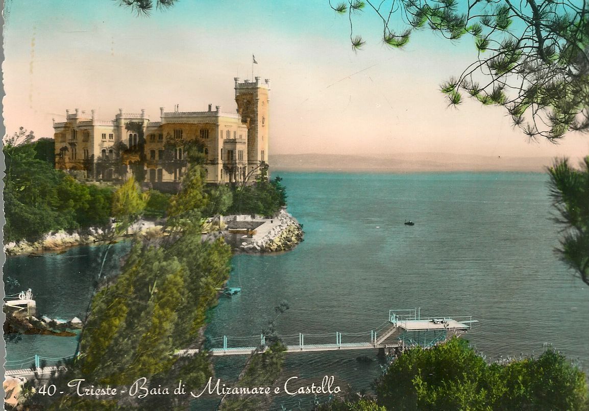 TRIESTE - BAIA DI MIRAMARE E CASTELLO - ACQUARELLATA - V1955