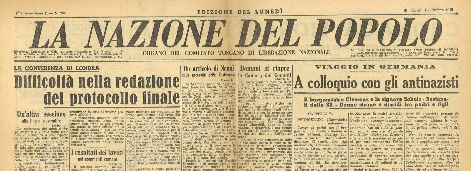 LA NAZIONE DEL POPOLO 1 OTTORE 1945 - CONFERENZA DI LONDRA - HESS - FARREL