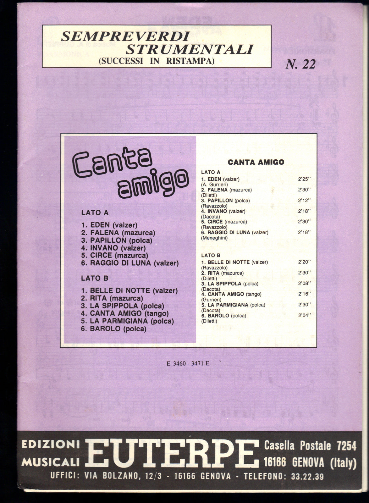 CANTA AMIGO - SEMPREVERDI STRUMENTALI n.22 - 12 Brani -- SPARTITO