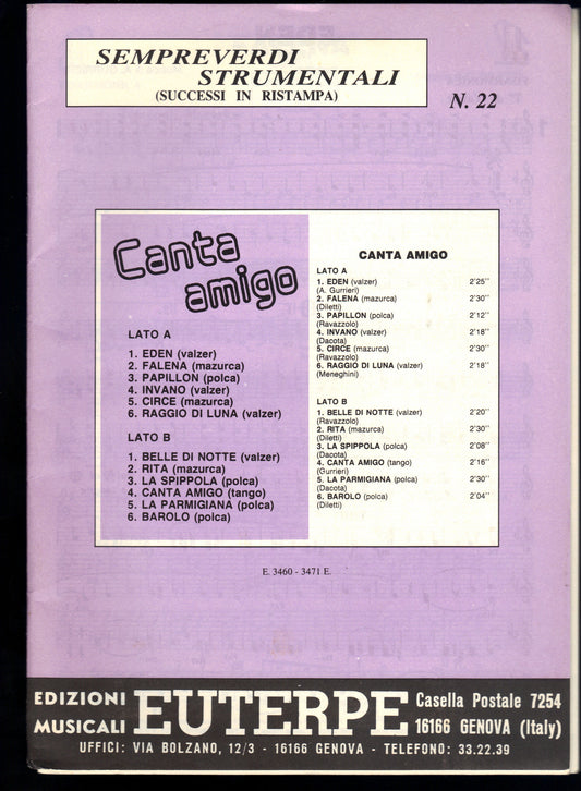 CANTA AMIGO - SEMPREVERDI STRUMENTALI n.22 - 12 Brani -- SPARTITO