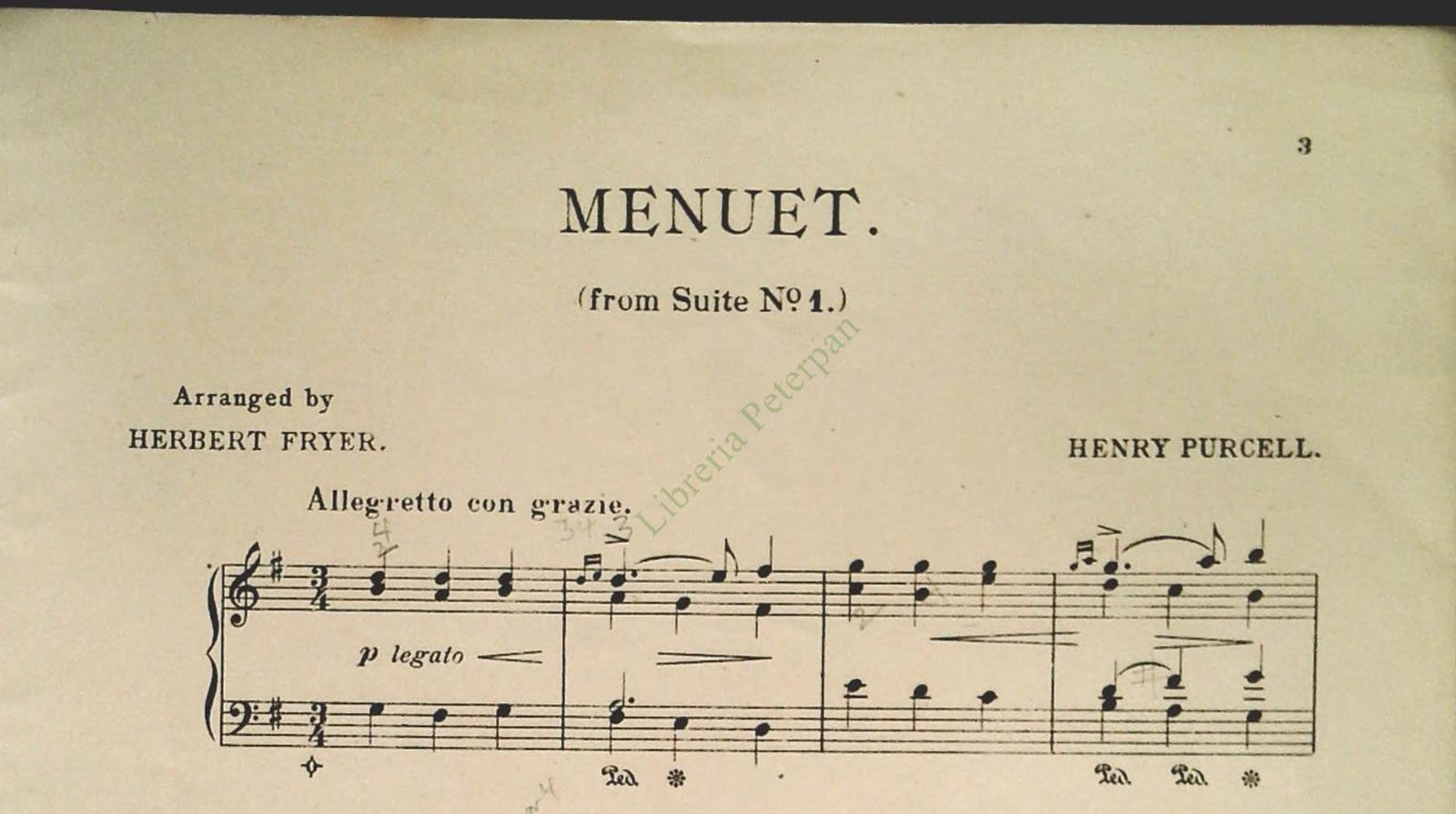 HENRY PURCELL SUITE BY HERNERT FRYER - SPARTITO-SHEET MUSIC