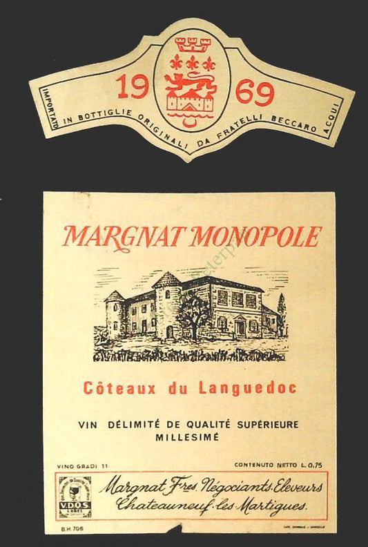 MARGNAT MONOPOLE COTEAUX DU LANGUEDOC 1969 - ETICHETTA VINO