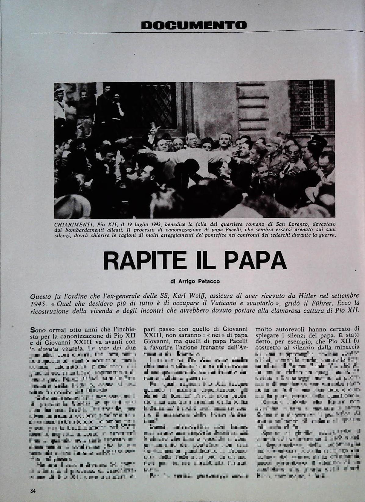 RAPITE IL PAPA - KARL WOLFF - CLIPPING - RITAGLIO DI GIORNALE