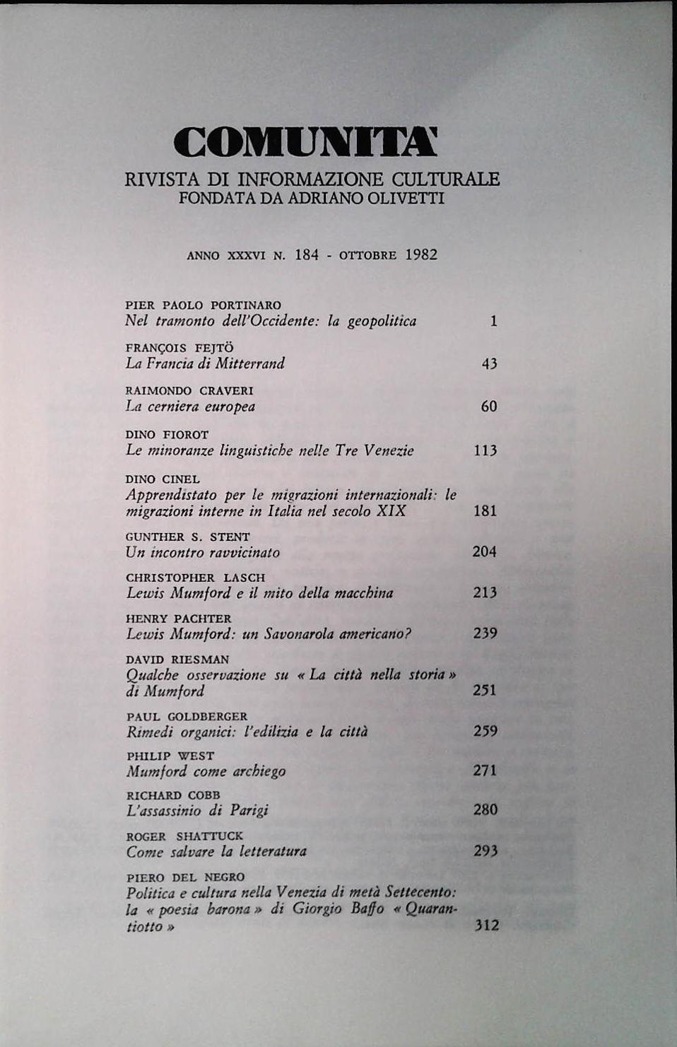 COMUNITA'. RIVISTA DI INFORMAZIONE CULTURALE N. 184 OTTOBRE 1982