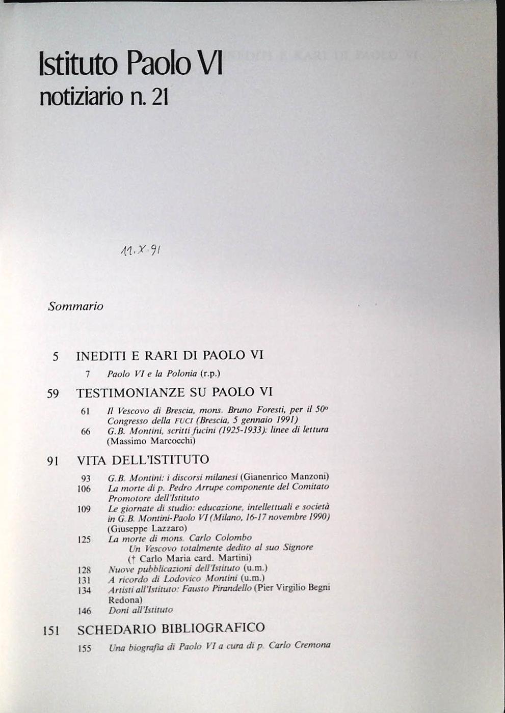 ISTITUTO PAOLO VI - NOTIZIARIO N. 21